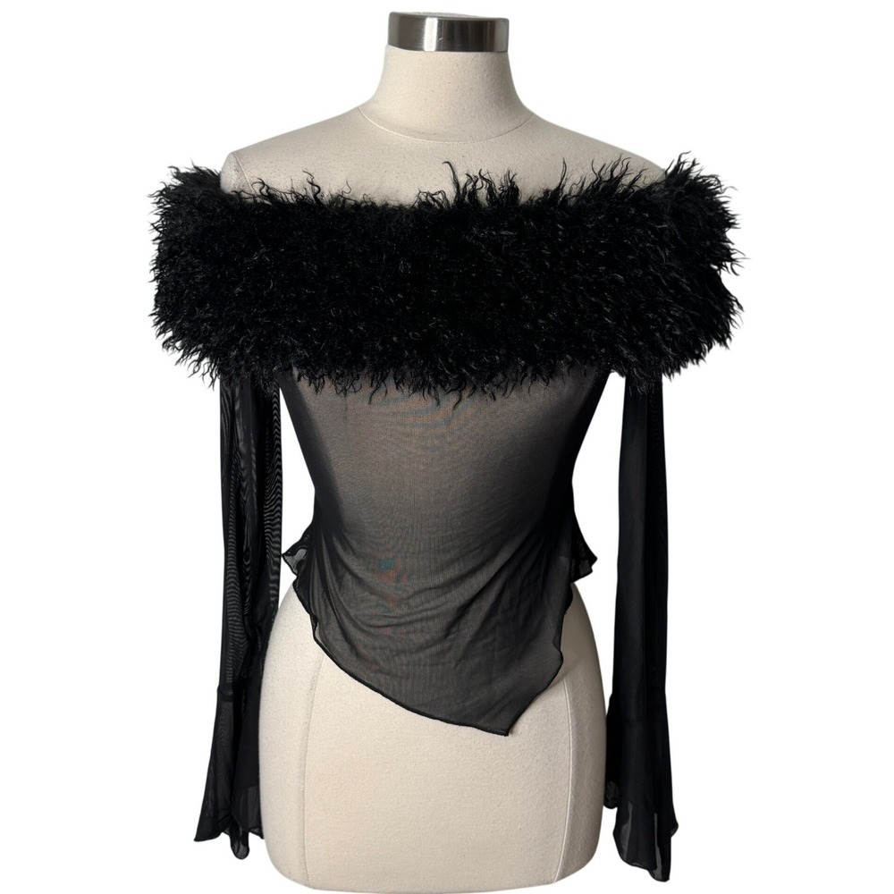 Dolls Kill Current Mood Take Me Dancing Black Mesh Faux Fur Top Small NEW